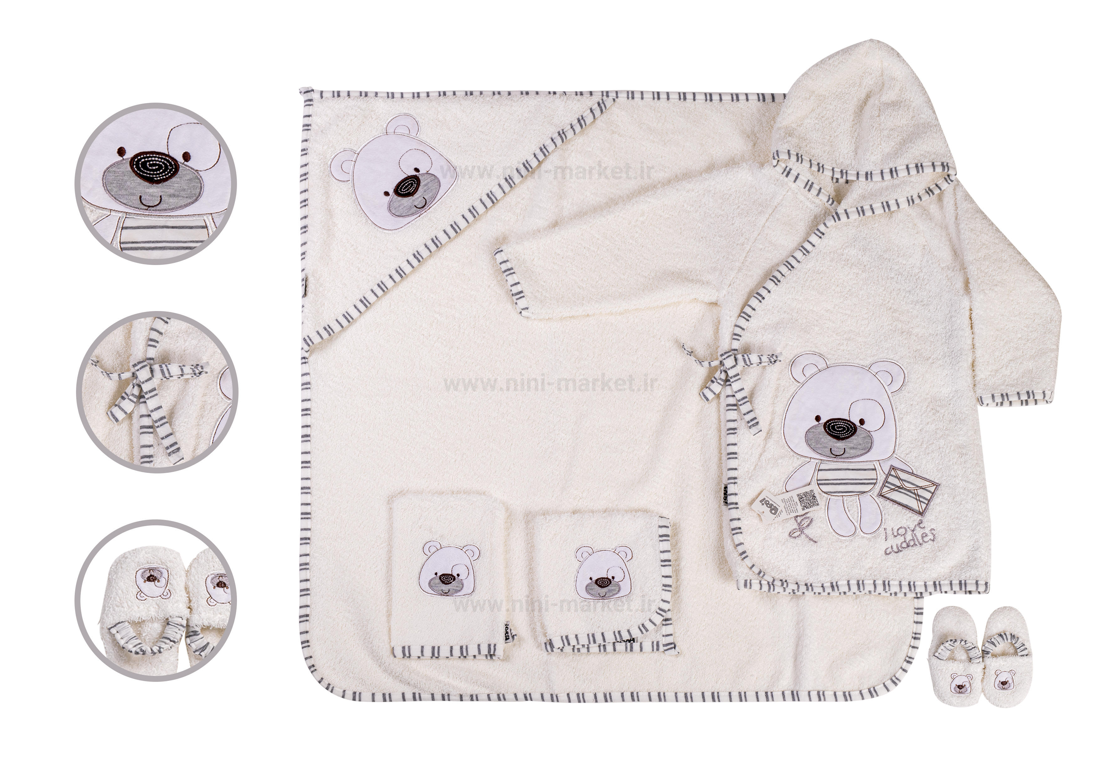 ویژگی سرویس حوله 5 تکه  طرح خرس رنگ طوسی برند Papo