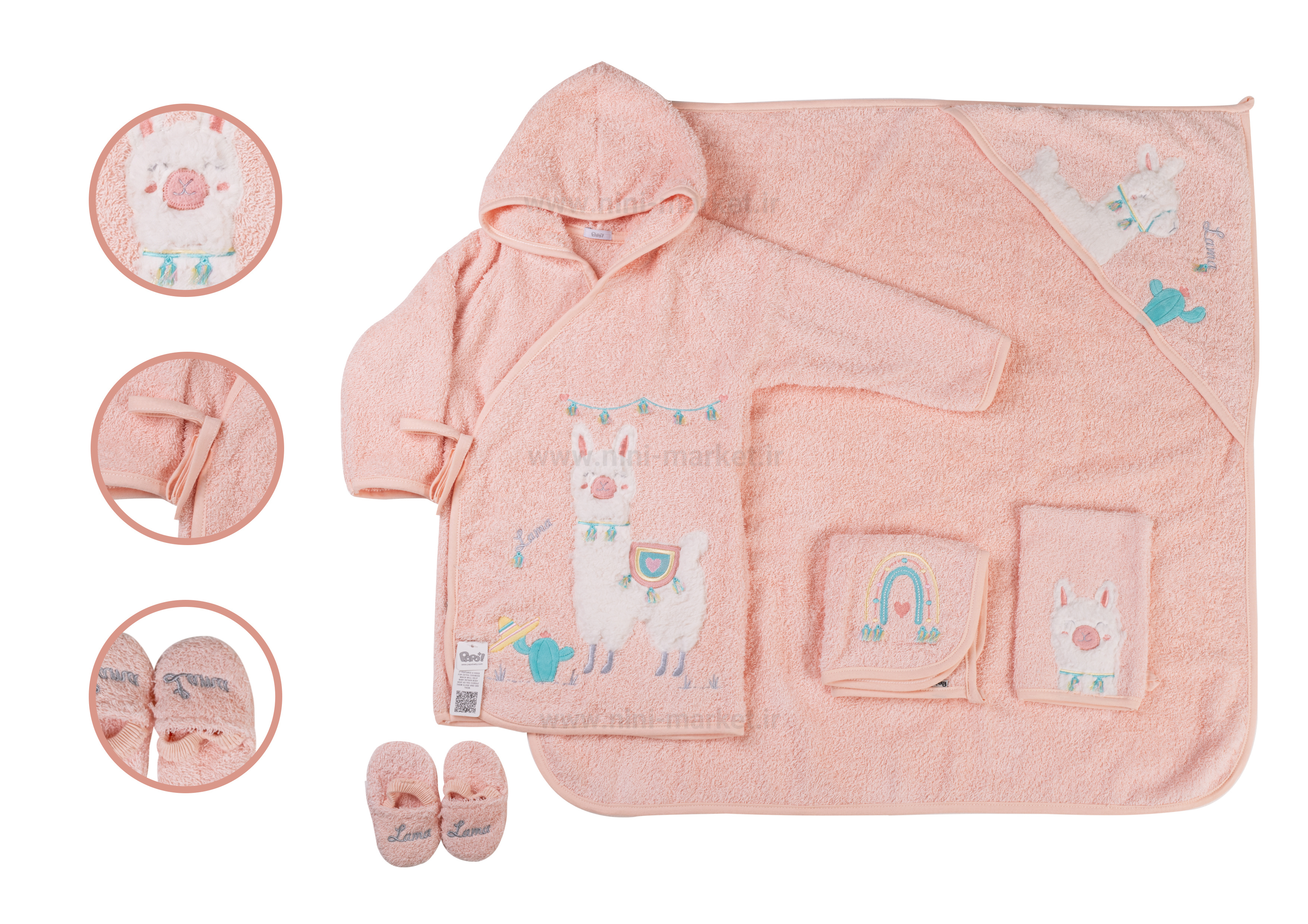 ویژگی سرویس حوله 5 تکه طرح لاما رنگ گلبهی برند Papo