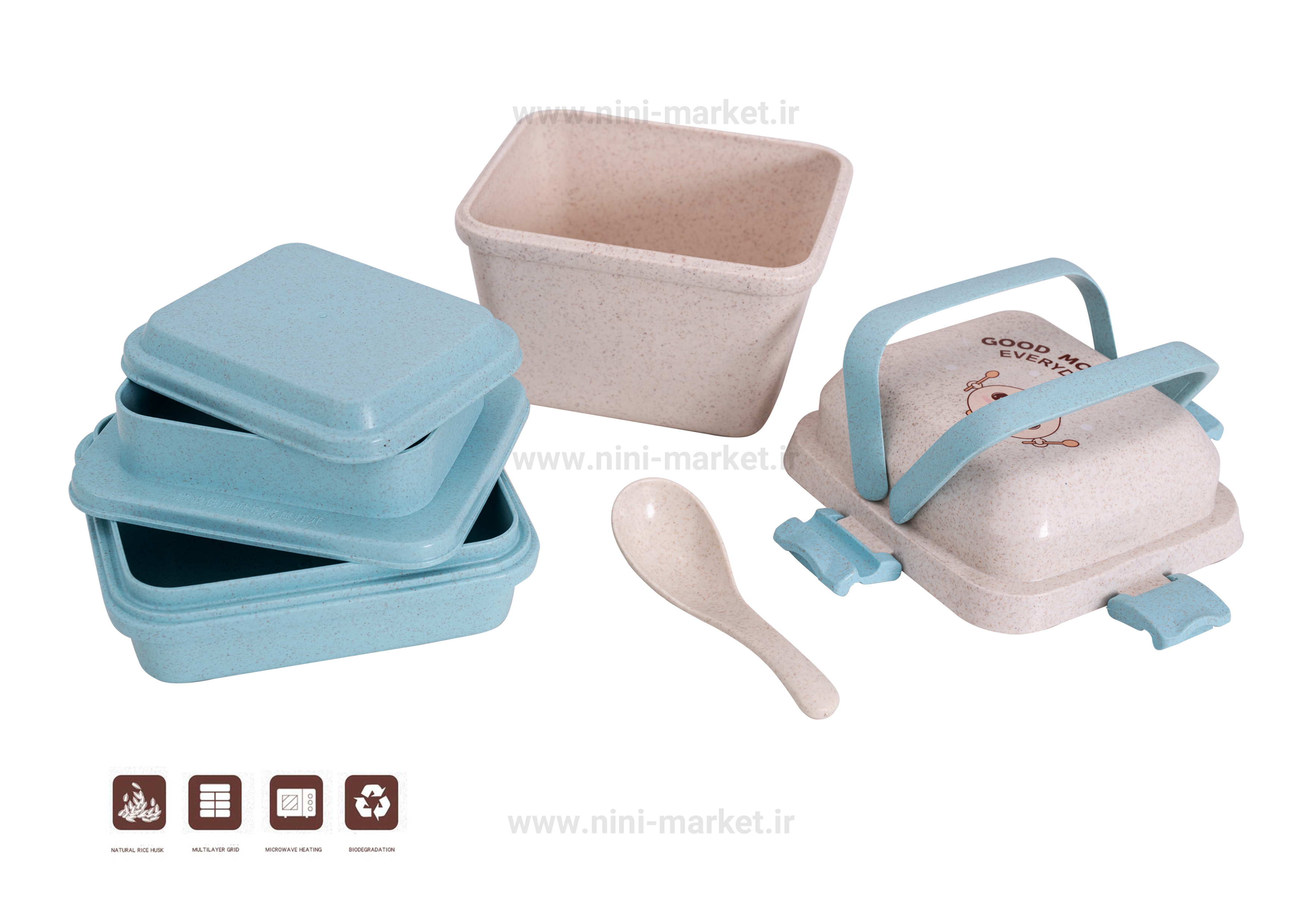 ظرف غذا Lanch Box ارگانیک با قاشق رنگ آبی