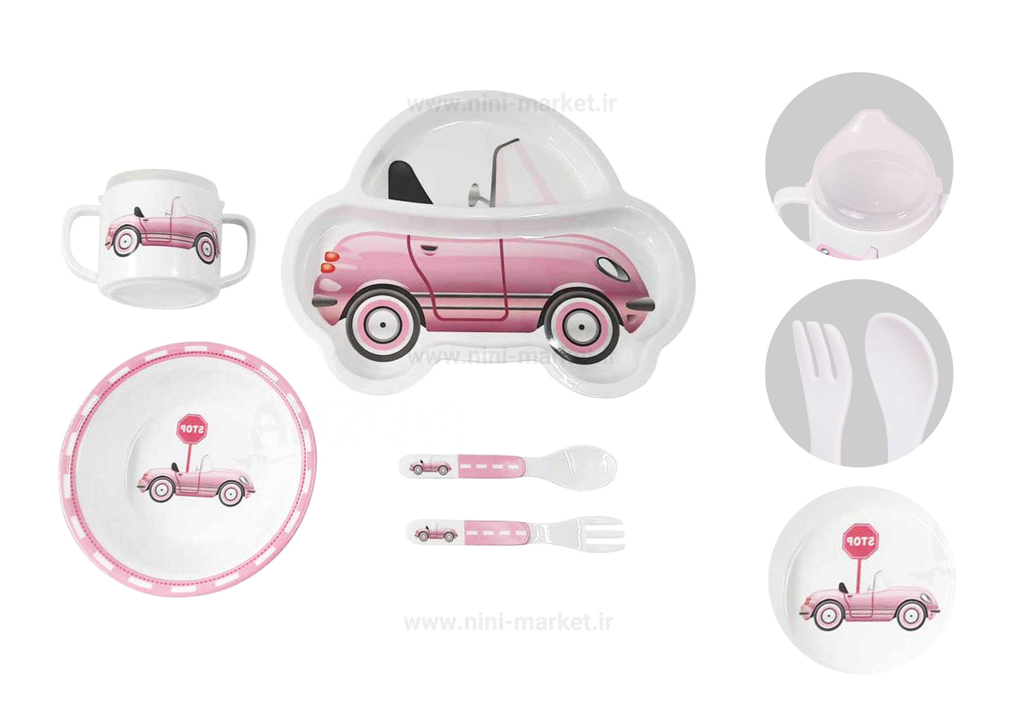 ظرف غذای ملامین 5 تیکه طرح ماشین رنگ صورتی برند Lemon