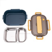 ظرف غذا استیل تقسیم دار طرح لیمو رنگ سرمه ای-زرد خارجی