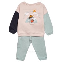 بلوز شلوار پسرانه طرح میکی موس رنگ کرم سبز پاپو Papo