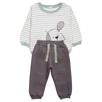 بلوز شلوار پسرانه طرح سگ راه راه رنگ سبز و طوسی پاپو Papo