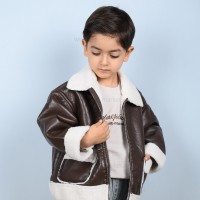 کاپشن چرم پسرانه طرح ساده رنگ قهوه‌ای