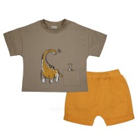 تیشرت شورت پسرانه طرح دایناسور رنگ خاکیRaboo