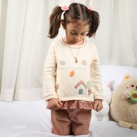 بلوز شلوار دخترانه طرح کلبه رنگ کرم و کالباسی ایندیگو Indigo