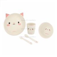 ظرف غذاي بامبو 5 تکه طرح گربه رنگ صورتی کيکابو Kikkaboo