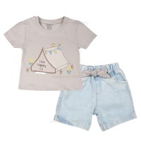 تیشرت شورت دخترانه طرح خونه رنگ کرمی پاپو