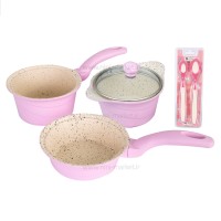 سرويس قابلمه چدن گرانيت همراه با قاشق رنگ صورتی عروس دياکو