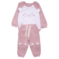 بلوز شلوار دخترانه طرح خرس رنگ صورتی سفید پاپو Papo